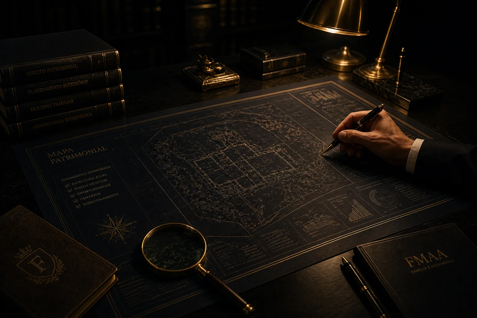 Mapa patrimonial e compasso dourado